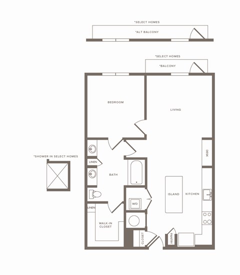Floor plan for 1 bed, 1 bath, 850 sqft